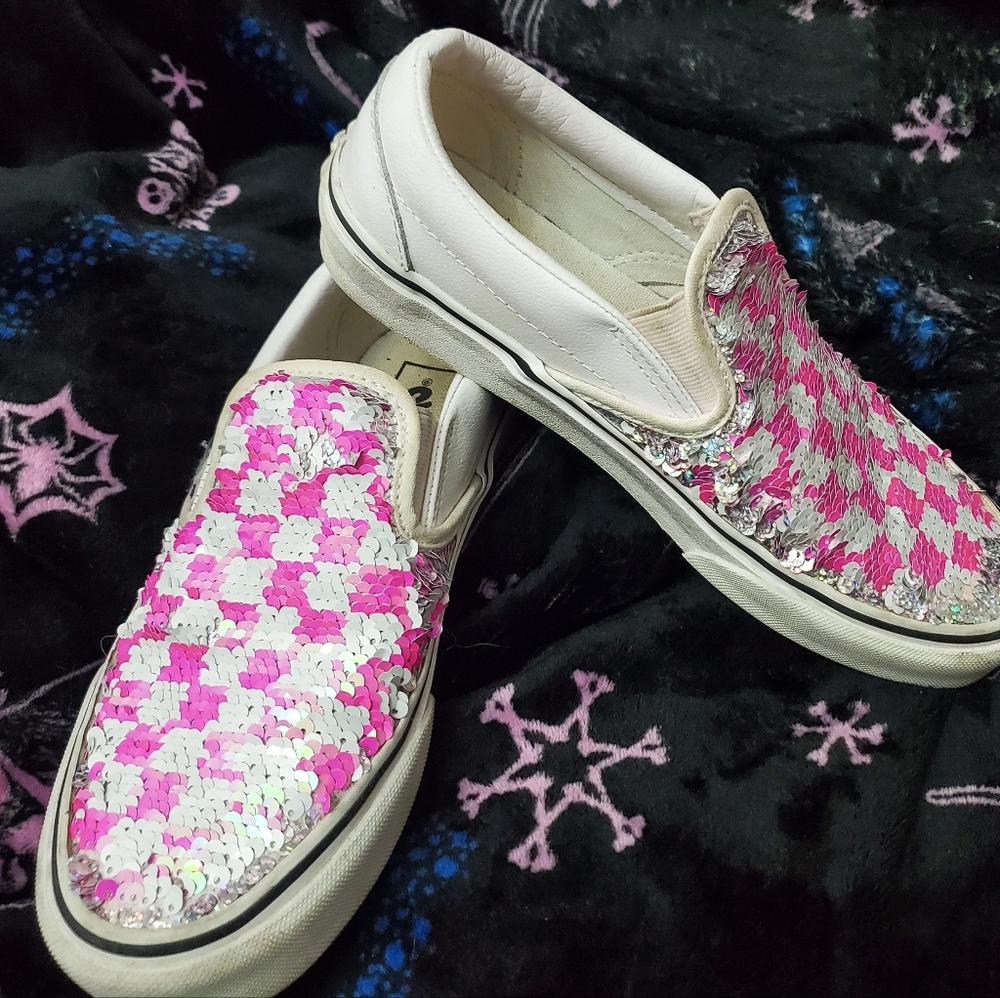Big Girl Vans Pink And White Checkered Flipping Sequined Slip On Shoes